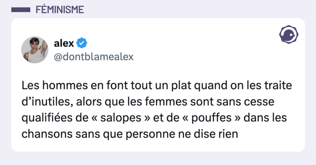 Post vignette de @dontblamealex disant "Les hommes en font tout un plat quand on les traite d&rsquo;inutiles, alors que les femmes sont sans cesse qualifi&eacute;es de &laquo; salopes &raquo; et de &laquo; pouffes &raquo; dans les chansons sans que personne ne dise rien"