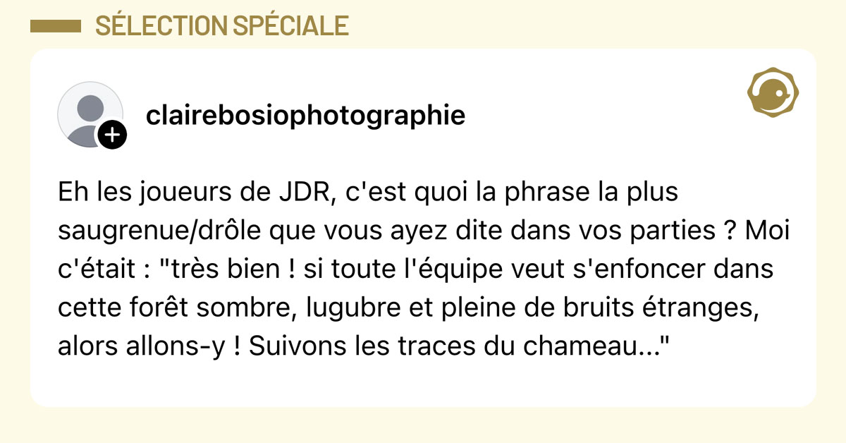 Post de @clairebosiophotographie : "Eh les joueurs de JDR, c'est quoi la phrase la plus saugrenue/dr&ocirc;le que vous ayez dite dans vos parties ? Moi c'&eacute;tait : "tr&egrave;s bien ! si toute l'&eacute;quipe veut s'enfoncer dans cette for&ecirc;t sombre, lugubre et pleine de bruits &eacute;tranges, alors allons-y ! Suivons les traces du chameau...""