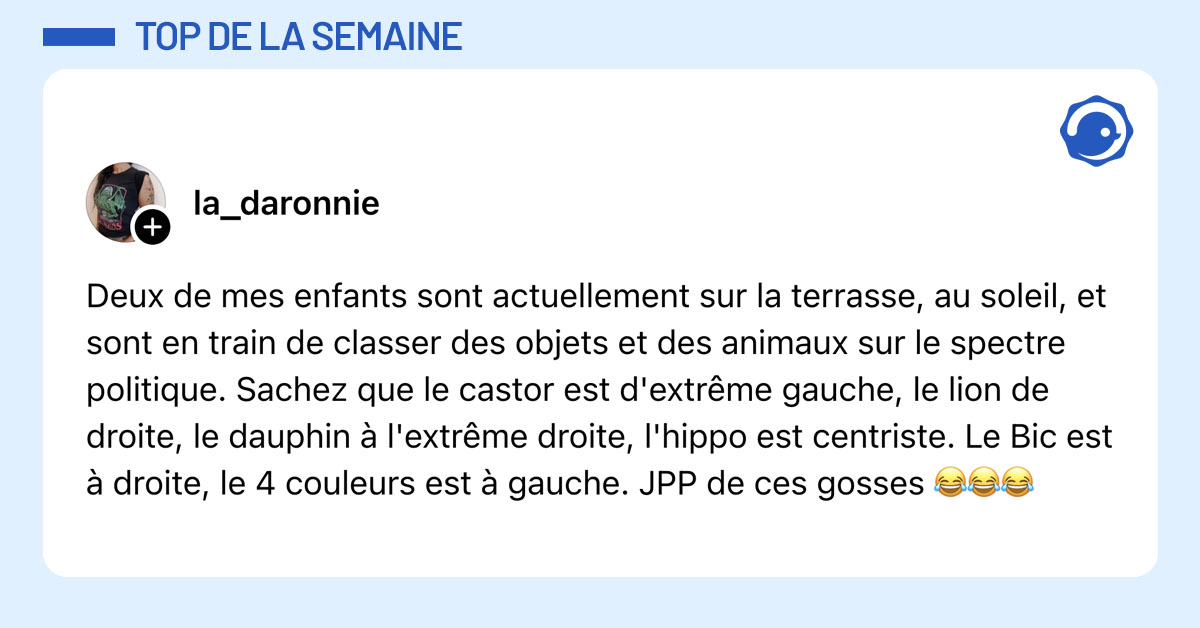 Post de @la_daronnie : "Deux de mes enfants sont actuellement sur la terrasse, au soleil, et sont en train de classer des objets et des animaux sur le spectre politique. Sachez que le castor est d'extrême gauche, le lion de droite, le dauphin à l'extrême droite, l'hippo est centriste. Le Bic est à droite, le 4 couleurs est à gauche. JPP de ces gosses 😂😂😂 "
