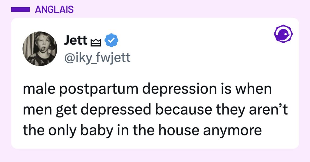 Post de @iky_fwjett : "male postpartum depression is when men get depressed because they aren&rsquo;t the only baby in the house anymore"