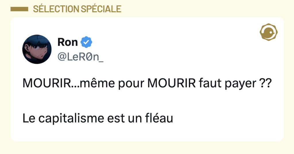 Tweet de @LeR0n : "MOURIR&hellip;m&ecirc;me pour MOURIR faut payer ?? Le capitalisme est un fl&eacute;au"