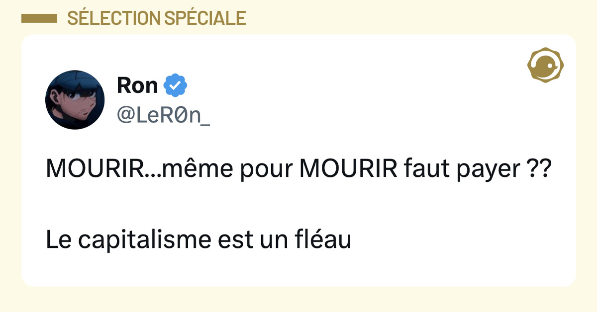 Tweet de @LeR0n : "MOURIR&hellip;m&ecirc;me pour MOURIR faut payer ?? Le capitalisme est un fl&eacute;au"