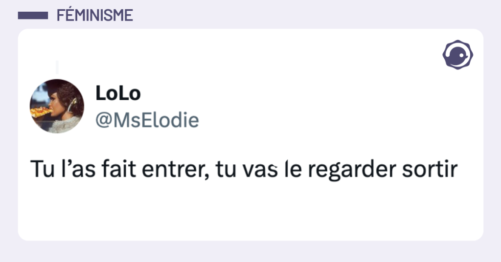 Post vignette violette de @MsElodie disant "Tu l&rsquo;as fait entrer, tu vas le regarder sortir"