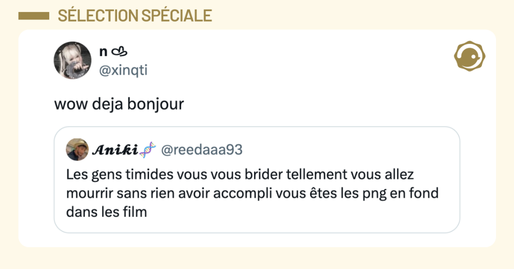 Post vignette de @reedaaa93 disant "Les gens timides vous vous brider tellement vous allez mourrir sans rien avoir accompli vous êtes les png en fond dans les film". Post de @xinqti répondant "wow deja bonjour"