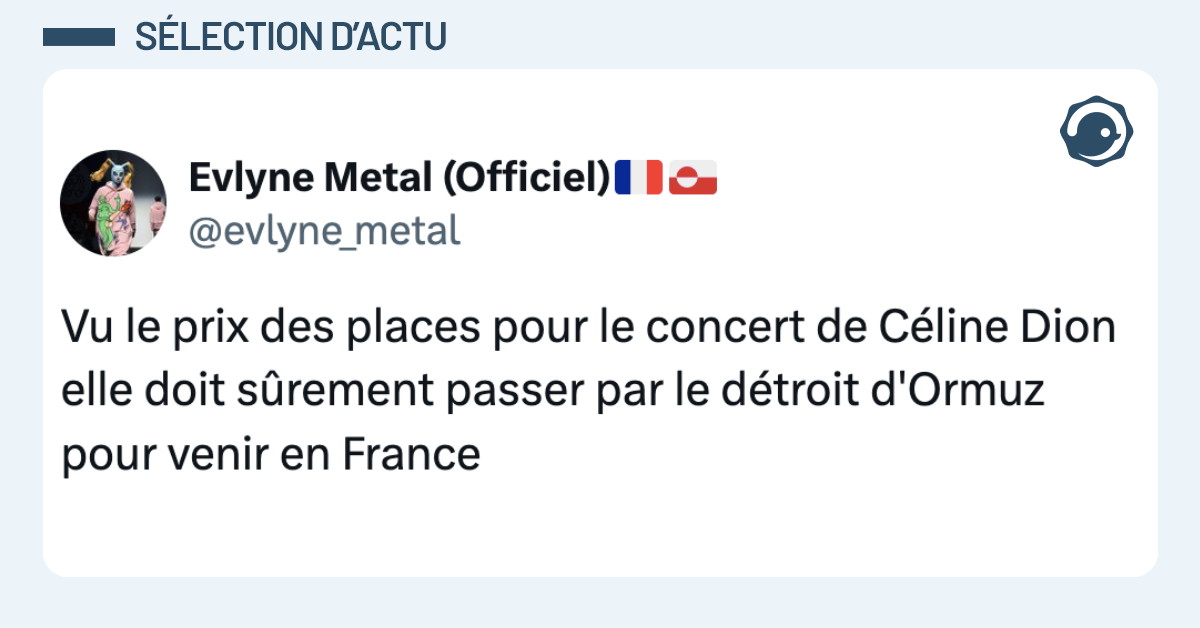 Post vignette de @evlyne_metal disant "Vu le prix des places pour le concert de Céline Dion elle doit sûrement passer par le détroit d'Ormuz pour venir en France"