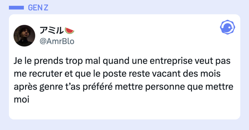 Post vignette de @AmrBlo disant "Je le prends trop mal quand une entreprise veut pas me recruter et que le poste reste vacant des mois apr&egrave;s genre t&rsquo;as pr&eacute;f&eacute;r&eacute; mettre personne que mettre moi"