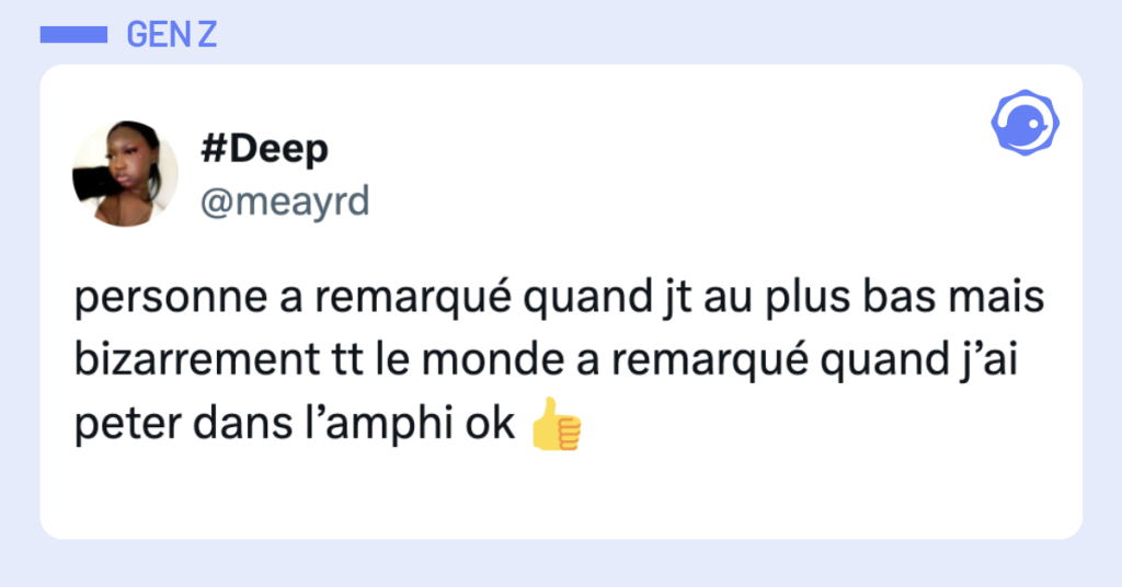 Post vignette de @meayrd disant "personne a remarqu&eacute; quand jt au plus bas mais bizarrement tt le monde a remarqu&eacute; quand j&rsquo;ai peter dans l&rsquo;amphi ok 👍"