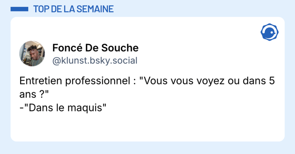 Post vignette de @klunst disant "Entretien professionnel : "Vous vous voyez ou dans 5 ans ?" -"Dans le maquis""