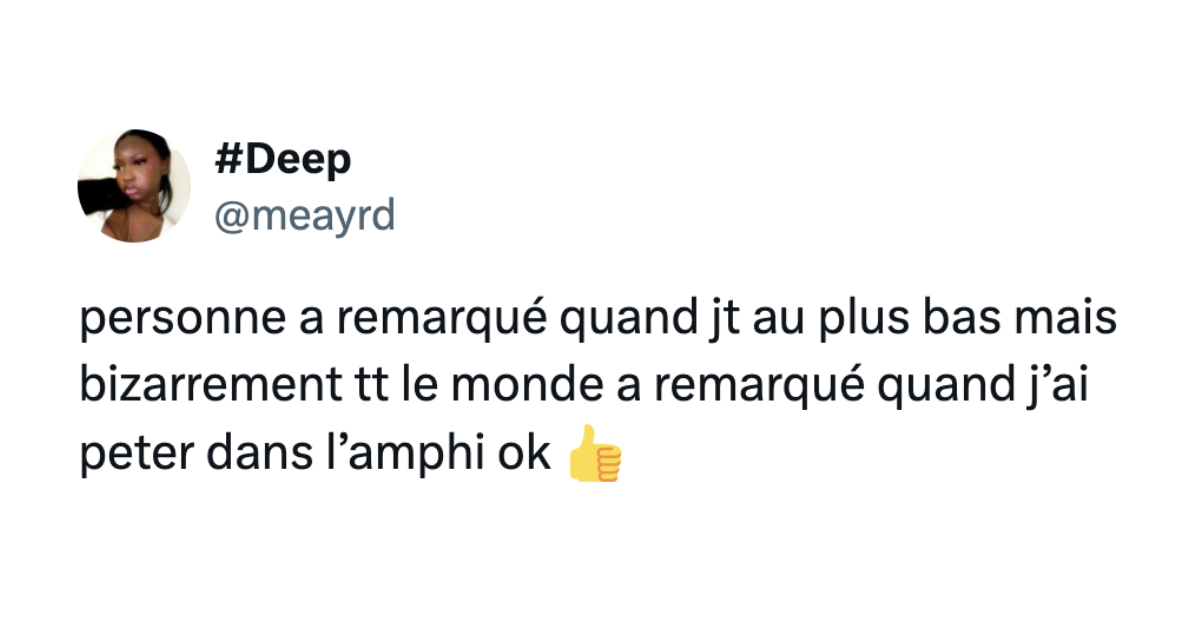 Post de @meayrd disant "personne a remarqu&eacute; quand jt au plus bas mais bizarrement tt le monde a remarqu&eacute; quand j&rsquo;ai peter dans l&rsquo;amphi ok 👍"