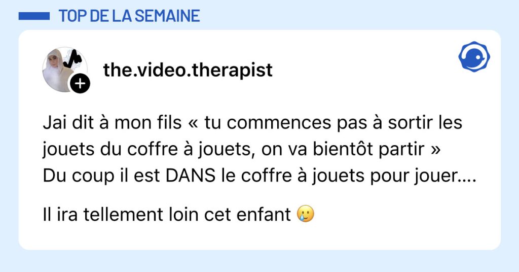 Post de @the.video.therapist : "Jai dit &agrave; mon fils &laquo; tu commences pas &agrave; sortir les jouets du coffre &agrave; jouets, on va bient&ocirc;t partir &raquo; Du coup il est DANS le coffre &agrave; jouets pour jouer&hellip;. Il ira tellement loin cet enfant 🥲"
