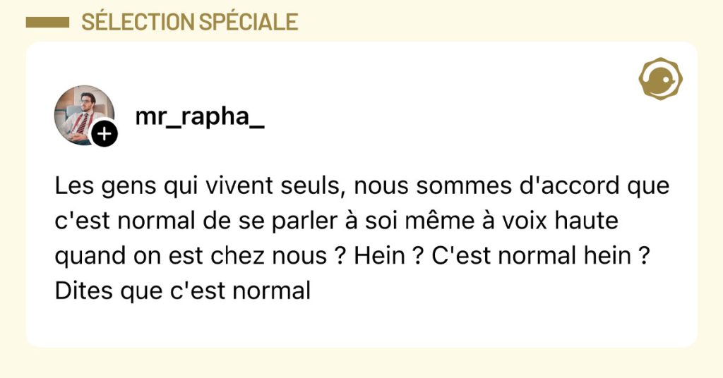 Post de @mr_rapha_ : "Les gens qui vivent seuls, nous sommes d'accord que c'est normal de se parler &agrave; soi m&ecirc;me &agrave; voix haute quand on est chez nous ? Hein ? C'est normal hein ? Dites que c'est normal"
