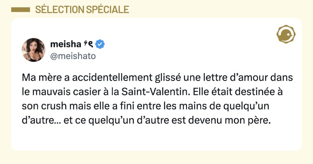 Tweet de @meishato : "Ma m&egrave;re a accidentellement gliss&eacute; une lettre d&rsquo;amour dans le mauvais casier &agrave; la Saint-Valentin. Elle &eacute;tait destin&eacute;e &agrave; son crush mais elle a fini entre les mains de quelqu&rsquo;un d&rsquo;autre&hellip; et ce quelqu&rsquo;un d&rsquo;autre est devenu mon p&egrave;re."