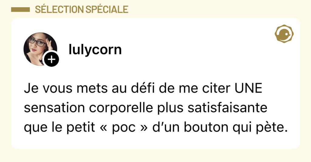 Post de @lulycorn : "Je vous mets au d&eacute;fi de me citer UNE sensation corporelle plus satisfaisante que le petit &laquo; poc &raquo; d&rsquo;un bouton qui p&egrave;te."