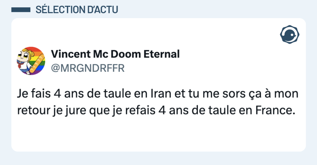 Post vignette de @MRGNDRFFR disant "Je fais 4 ans de taule en Iran et tu me sors &ccedil;a &agrave; mon retour je jure que je refais 4 ans de taule en France."