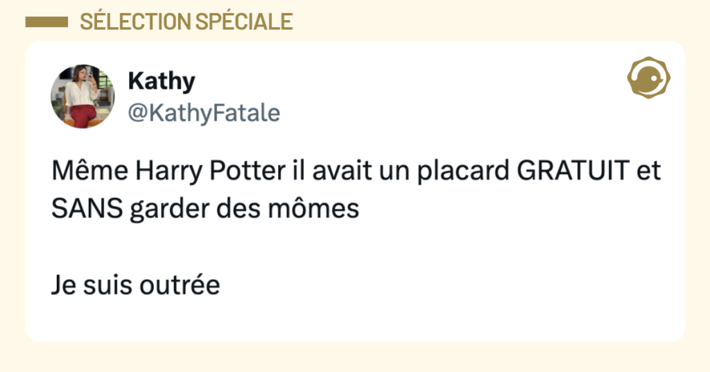 Post vignette de @KathyFatale disant "M&ecirc;me Harry Potter il avait un placard GRATUIT et SANS garder des m&ocirc;mes. Je suis outr&eacute;e. "