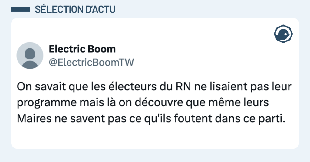 Post vignette de @ElectricBoomTW disant "On savait que les électeurs du RN ne lisaient pas leur programme mais là on découvre que même leurs Maires ne savent pas ce qu'ils foutent dans ce parti."