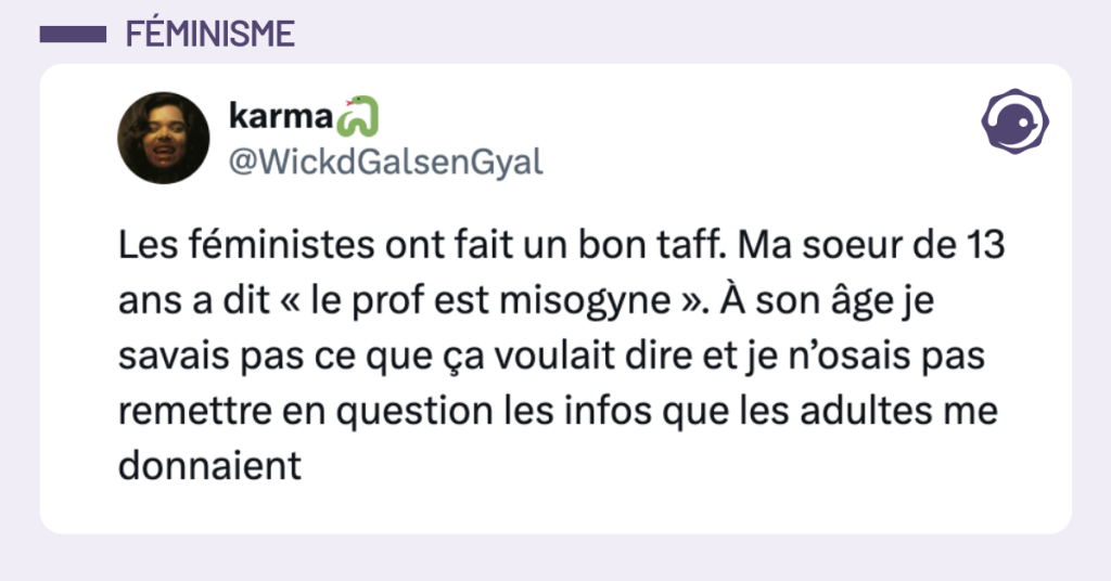 @WickdGalsenGyal Les f&eacute;ministes ont fait un bon taff. Ma soeur de 13 ans a dit &laquo; le prof est misogyne &raquo;. &Agrave; son &acirc;ge je savais pas ce que &ccedil;a voulait dire et je n&rsquo;osais pas remettre en question les infos que les adultes me donnaient