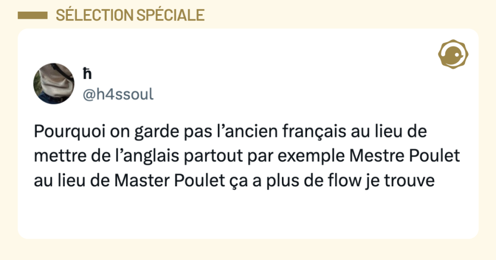 Post vignette de @h4ssoul disant "Pourquoi on garde pas l’ancien français au lieu de mettre de l’anglais partout par exemple Mestre Poulet au lieu de Master Poulet ça a plus de flow je trouve"