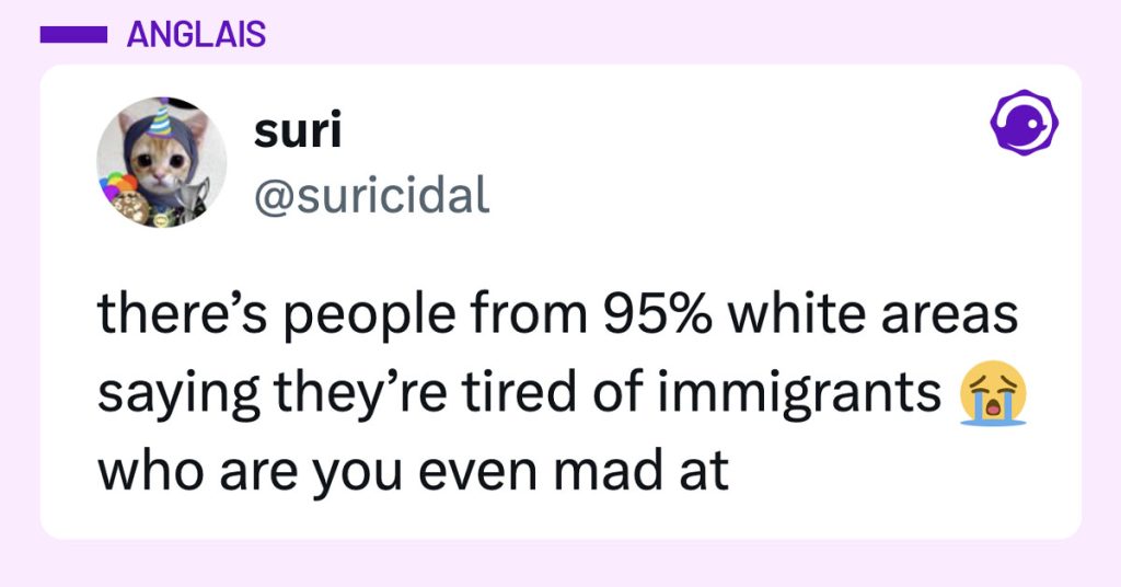 Post de @suricidal : "there&rsquo;s people from 95% white areas saying they&rsquo;re tired of immigrants 😭 who are you even mad at"