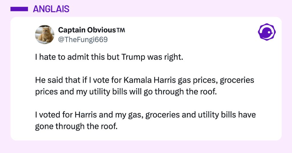 Post de @thefungi669 : "I hate to admit this but Trump was right. He said that if I vote for Kamala Harris gas prices, groceries prices and my utility bills will go through the roof. I voted for Harris and my gas, groceries and utility bills have gone through the roof."