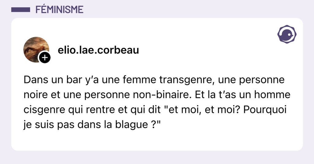 Post de @elio.lae.corbeau : "Dans un bar y&rsquo;a une femme transgenre, une personne noire et une personne non-binaire. Et la t&rsquo;as un homme cisgenre qui rentre et qui dit "et moi, et moi? Pourquoi je suis pas dans la blague ?""