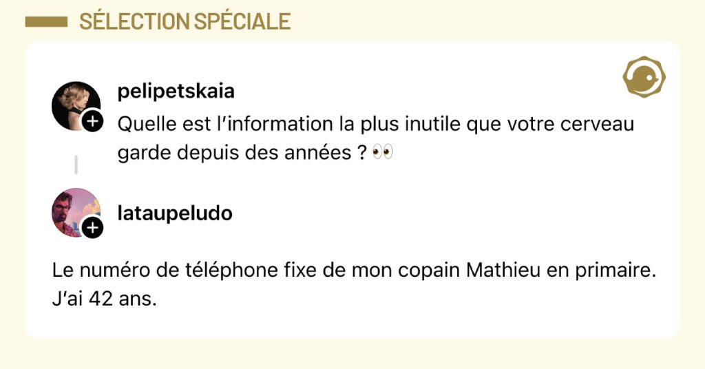 @pelipetskaia poste "Quelle est l’information la plus inutile que votre cerveau garde depuis des années ? 👀" et @lataupeludo répond "Le numéro de téléphone fixe de mon copain Mathieu en primaire. J’ai 42 ans."
