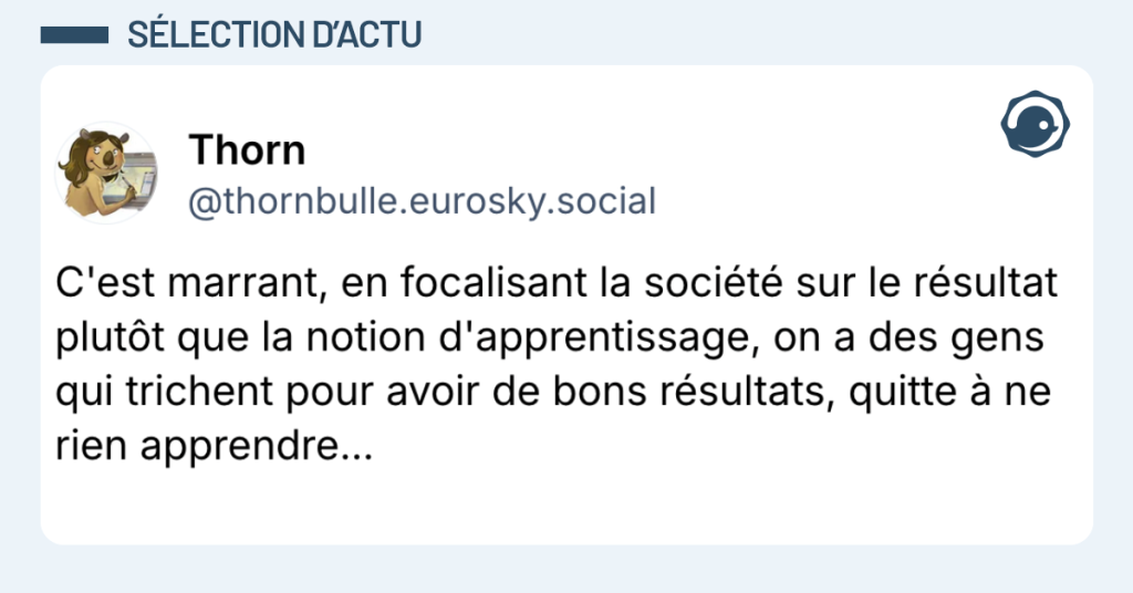 Post vignette de @thornbulle disant "C'est marrant, en focalisant la société sur le résultat plutôt que la notion d'apprentissage, on a des gens qui trichent pour avoir de bons résultats, quitte à ne rien apprendre..."