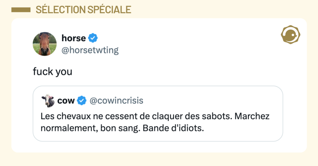 Post vignette de @cowincrisis disant "Les chevaux ne cessent de claquer des sabots. Marchez normalement, bon sang. Bande d'idiots.". Post de @horsetwting r&eacute;pondant "fuck you"