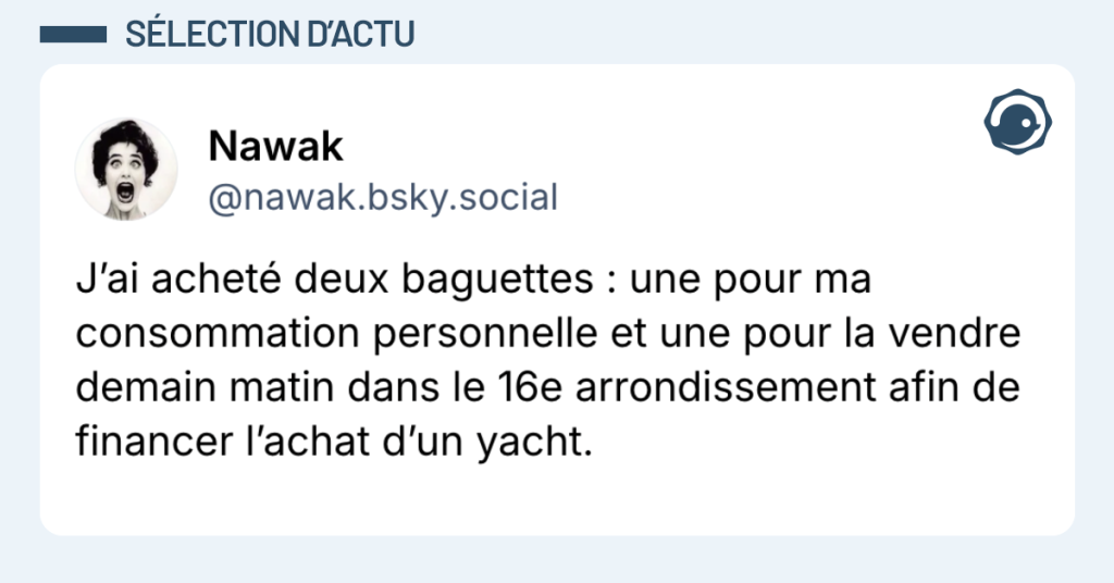 Post vignette de @nawak disant "J&rsquo;ai achet&eacute; deux baguettes : une pour ma consommation personnelle et une pour la vendre demain matin dans le 16e arrondissement afin de financer l&rsquo;achat d&rsquo;un yacht."