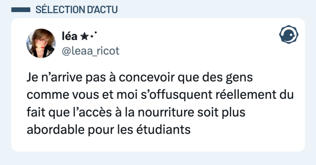 Post vignette de @leaa_ricot disant "Je n’arrive pas à concevoir que des gens comme vous et moi s’offusquent réellement du fait que l’accès à la nourriture soit plus abordable pour les étudiants"