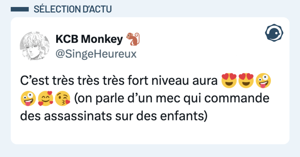 Post vignette de @SingeHeureux disant "C’est très très très fort niveau aura 😍😍🤪🤪🥰😘 (on parle d’un mec qui commande des assassinats sur des enfants)"