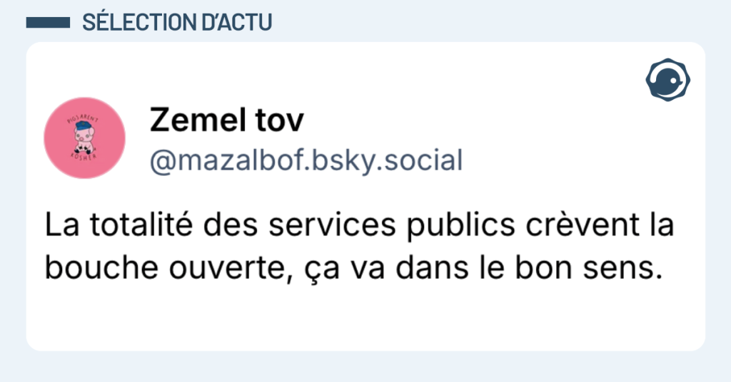 Post vignette de @mazalbof disant "La totalité des services publics crèvent la bouche ouverte, ça va dans le bon sens."
