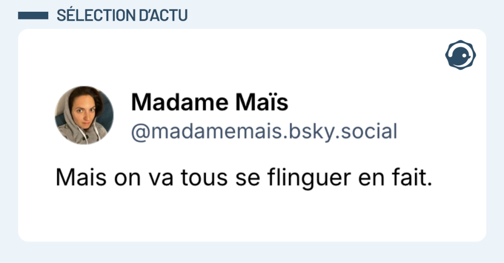Post vignette de @madamemais disant "Mais on va tous se flinguer en fait."