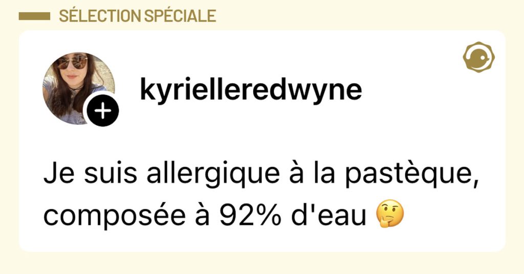 Post de @kyrielleredwyne : "Je suis allergique à la pastèque, composée à 92% d'eau 🤔"