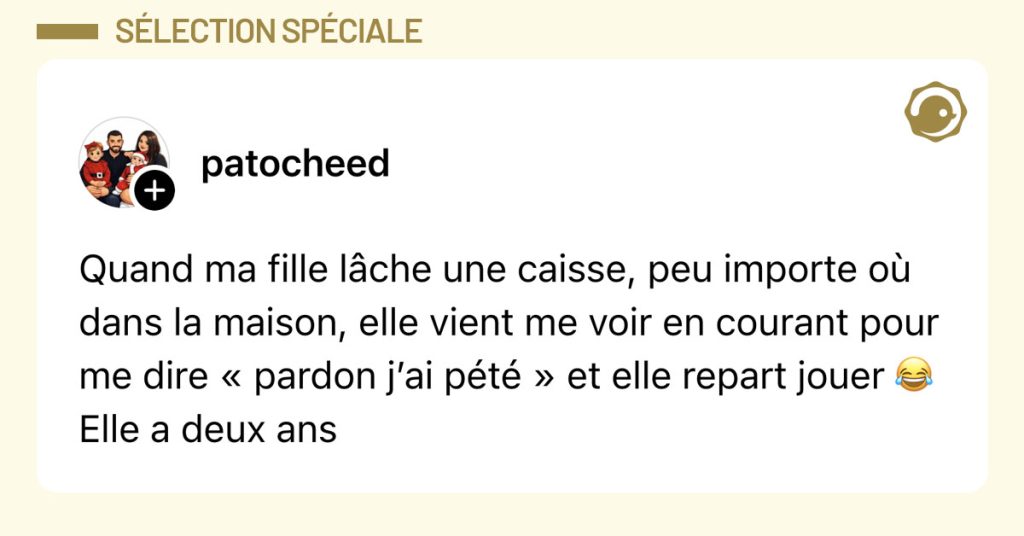 Post de @patocheed : "Quand ma fille l&acirc;che une caisse, peu importe o&ugrave; dans la maison, elle vient me voir en courant pour me dire &laquo; pardon j&rsquo;ai p&eacute;t&eacute; &raquo; et elle repart jouer 😂 Elle a deux ans"