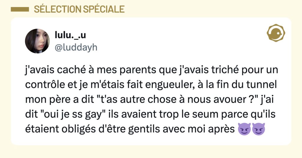 Post de @luddayh : "j'avais caché à mes parents que j'avais triché pour un contrôle et je m'étais fait engueuler, à la fin du tunnel mon père a dit "t'as autre chose à nous avouer ?" j'ai dit "oui je ss gay" ils avaient trop le seum parce qu'ils étaient obligés d'être gentils avec moi après 😈😈"