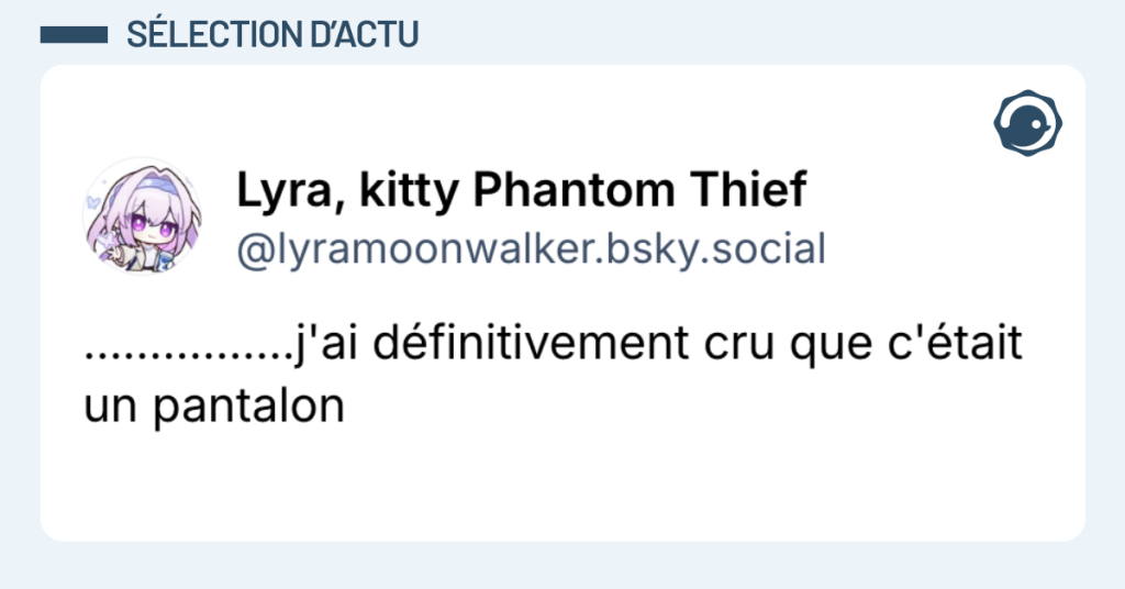 Post vignette de @lyramoonwalker.bsky.social disant "j'ai définitivement cru que c'était un pantalon"