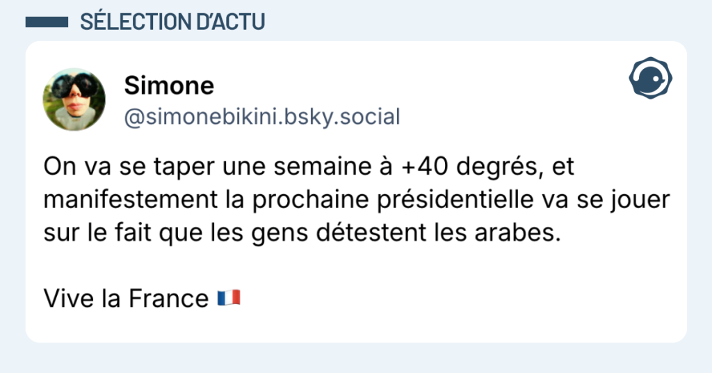 Post vignette de @simonebikni disant "On va se taper une semaine à +40 degrés, et manifestement la prochaine présidentielle va se jouer sur le fait que les gens détestent les arabes. Vive la France 🇫🇷"