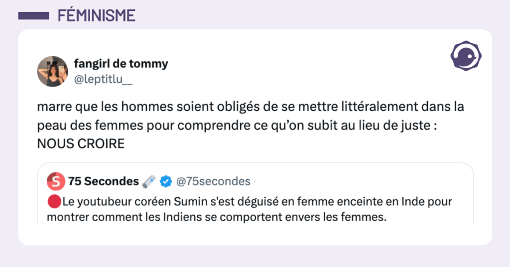 75 secondes : Le youtubeur coréen Sumin s'est déguisé en femme enceinte en Inde pour montrer comment les Indiens se comportent envers les femmes. @leptitlu__ marre que les hommes soient obligés de se mettre littéralement dans la peau des femmes pour comprendre ce qu’on subit au lieu de juste : NOUS CROIRE