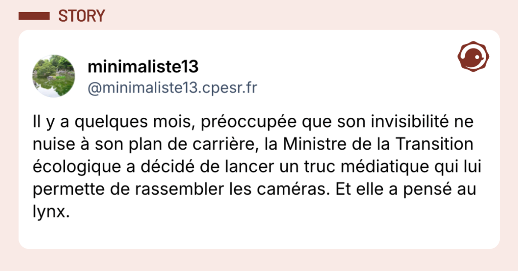 Post vignette de @minimaliste13 disant "Il y a quelques mois, préoccupée que son invisibilité ne nuise à son plan de carrière, la Ministre de la Transition écologique a décidé de lancer un truc médiatique qui lui permette de rassembler les caméras. Et elle a pensé au lynx."