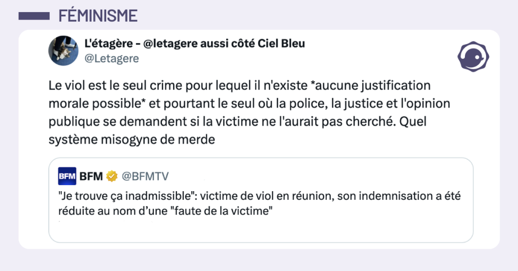 Post vignette de @Letagere disant "Le viol est le seul crime pour lequel il n'existe *aucune justification morale possible* et pourtant le seul où la police, la justice et l'opinion publique se demandent si la victime ne l'aurait pas cherché. Quel système misogyne de merde"