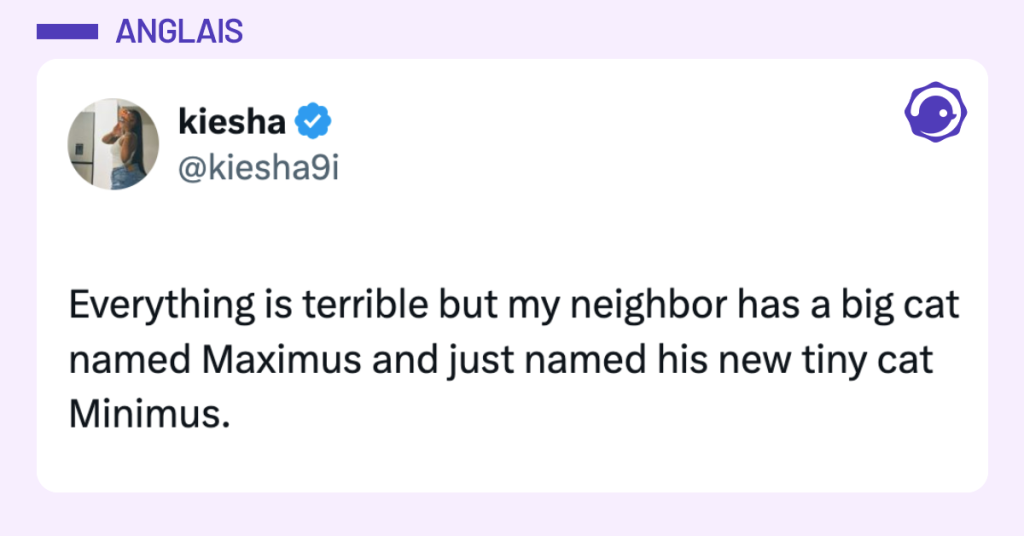 Post vignette de @kiesha9i disant "Everything is terrible but my neighbor has a big cat named Maximus and just named his new tiny cat Minimus."