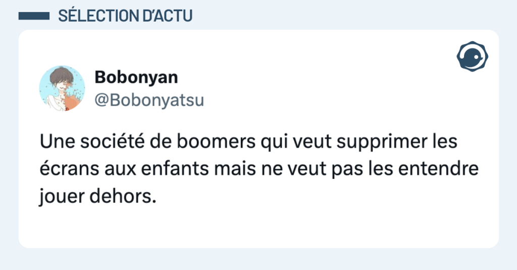 Post vignette de @Bobonyatsu disant "Une société de boomers qui veut supprimer les écrans aux enfants mais ne veut pas les entendre jouer dehors."