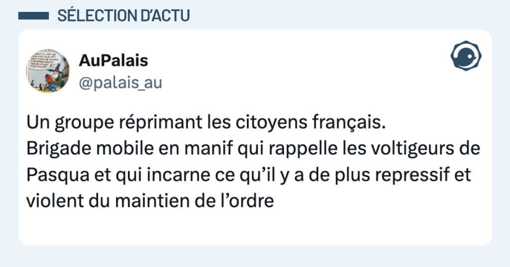 Post vignette de @palais_au disant "Un groupe r&eacute;primant les citoyens fran&ccedil;ais. Brigade mobile en manif qui rappelle les voltigeurs de Pasqua et qui incarne ce qu&rsquo;il y a de plus repressif et violent du maintien de l&rsquo;ordre "