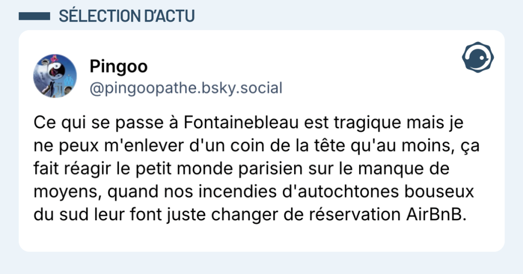 Post vignette de @pingoopathe disant "Ce qui se passe &agrave; Fontainebleau est tragique mais je ne peux m'enlever d'un coin de la t&ecirc;te qu'au moins, &ccedil;a fait r&eacute;agir le petit monde parisien sur le manque de moyens, quand nos incendies d'autochtones bouseux du sud leur font juste changer de r&eacute;servation AirBnB."