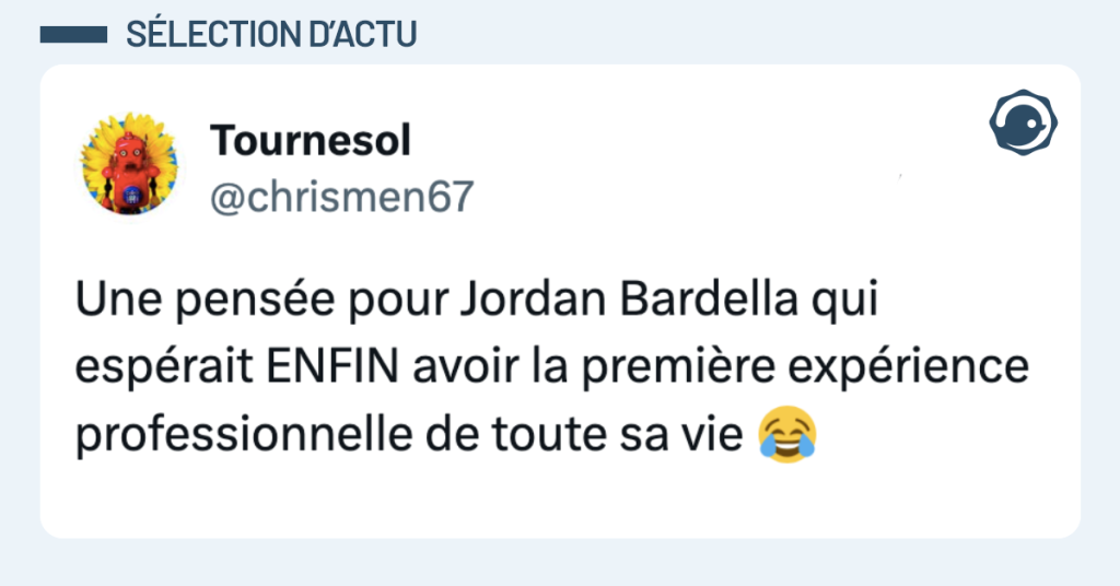 Post dark mode de @chrismen67 disant "Une pens&eacute;e pour Jordan Bardella qui esp&eacute;rait ENFIN avoir la premi&egrave;re exp&eacute;rience professionnelle de toute sa vie 😂"