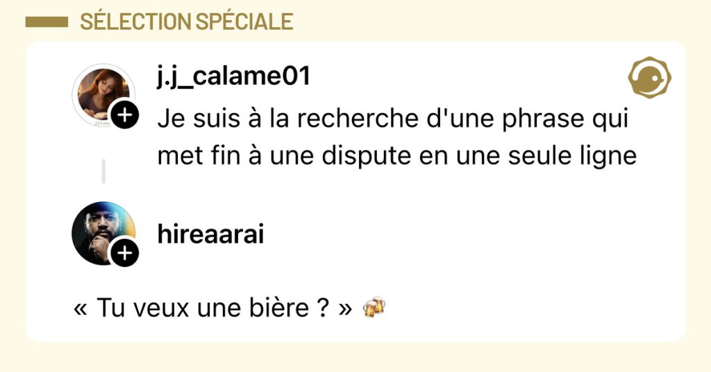 @j.j_calame01 poste "Je suis &agrave; la recherche d'une phrase qui met fin &agrave; une dispute en une seule ligne" et @hireaarai r&eacute;pond "&laquo; Tu veux une bi&egrave;re ? &raquo; 🍻"