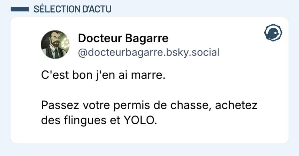 Post vignette de @docteurbagarre disant "C'est bon j'en ai marre. Passez votre permis de chasse, achetez des flingues et YOLO."