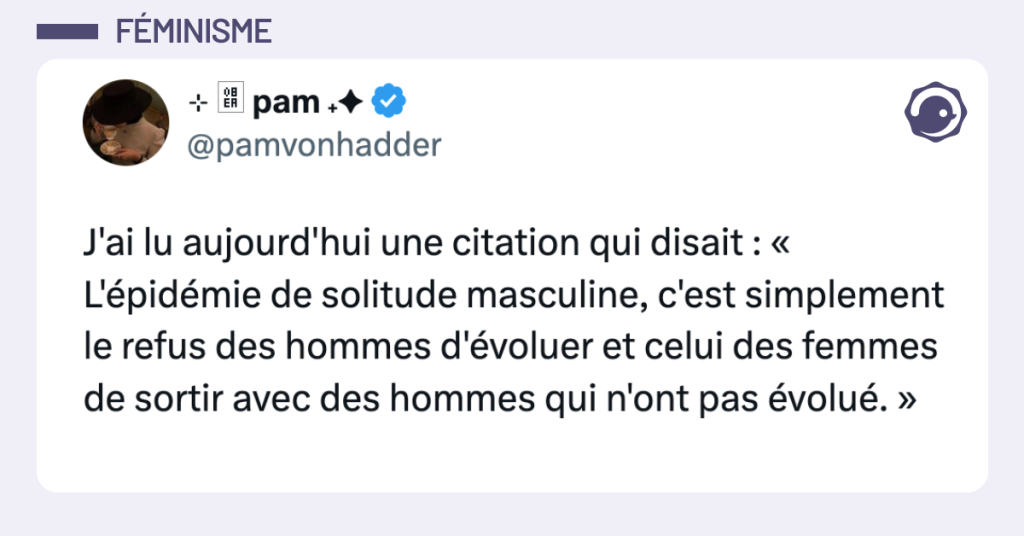 Post vignette de @pamvonhadder disant "J'ai lu aujourd'hui une citation qui disait : « L'épidémie de solitude masculine, c'est simplement le refus des hommes d'évoluer et celui des femmes de sortir avec des hommes qui n'ont pas évolué. »