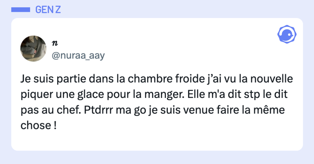 Post vignette de @nuraa_aay disant "Je suis partie dans la chambre froide j&rsquo;ai vu la nouvelle piquer une glace pour la manger. Elle m'a dit stp le dit pas au chef. Ptdrrr ma go je suis venue faire la m&ecirc;me chose !"